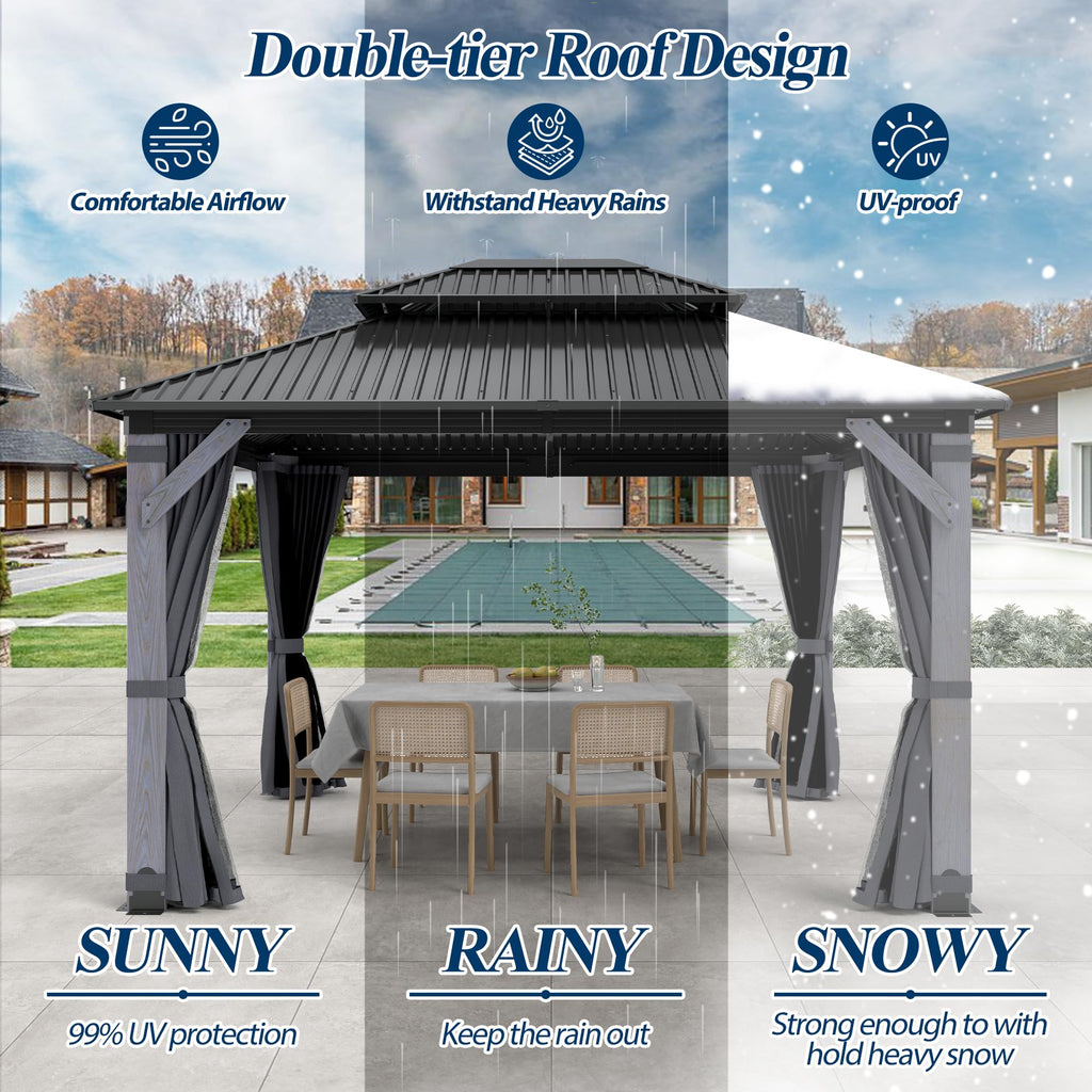 COVERONICS 10FT x 12FT Outdoor Hardtop Gazebo - Patio Cedar Wood Post Gazebo with Galvanized Steel Hardtop, Heavy-Duty Double Roof Pavilion with Netting & Curtains for Garden, Poolside, Deck, Backyard