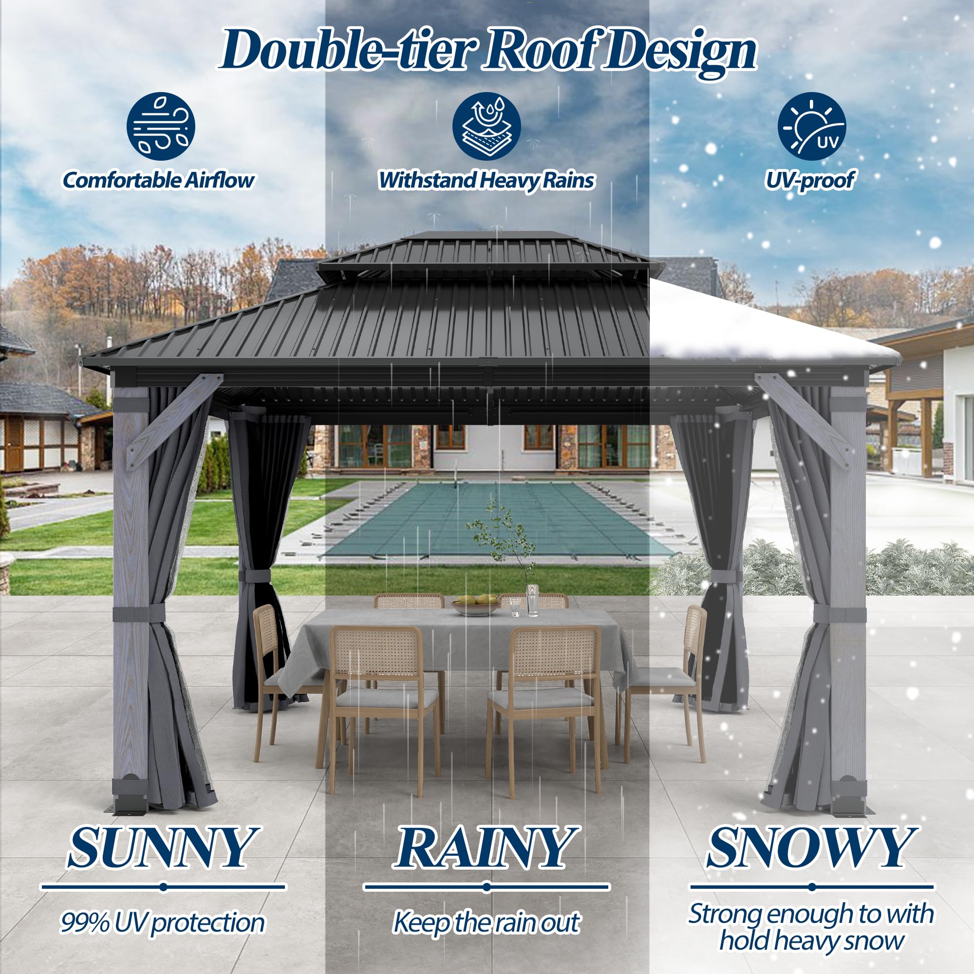 COVERONICS 10FT x 12FT Outdoor Hardtop Gazebo - Patio Cedar Wood Post Gazebo with Galvanized Steel Hardtop, Heavy-Duty Double Roof Pavilion with Netting & Curtains for Garden, Poolside, Deck, Backyard