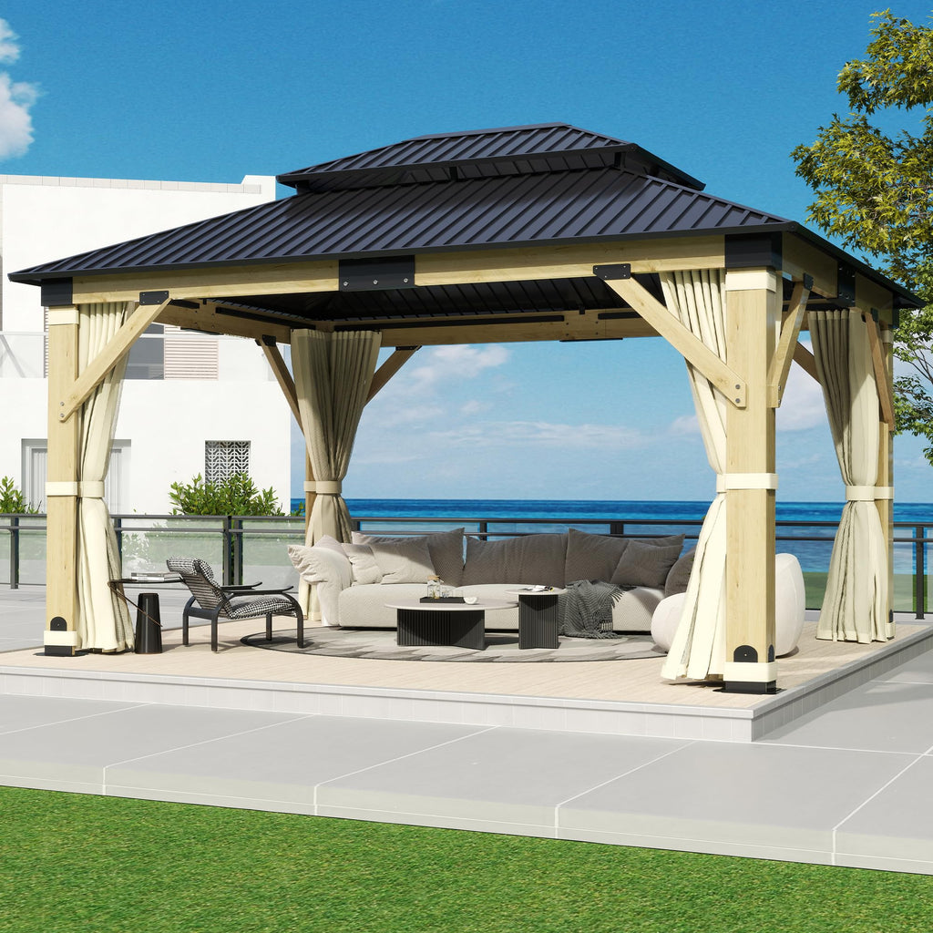 COVERONICS 13FT x 15FT Outdoor Cedar Wooden Gazebo - Patio Wood Frame Gazebo with Galvanized Steel Hardtop, Heavy-Duty Hardtop Gazebo with Netting & Curtains for Garden, Poolside, Deck, Backyard
