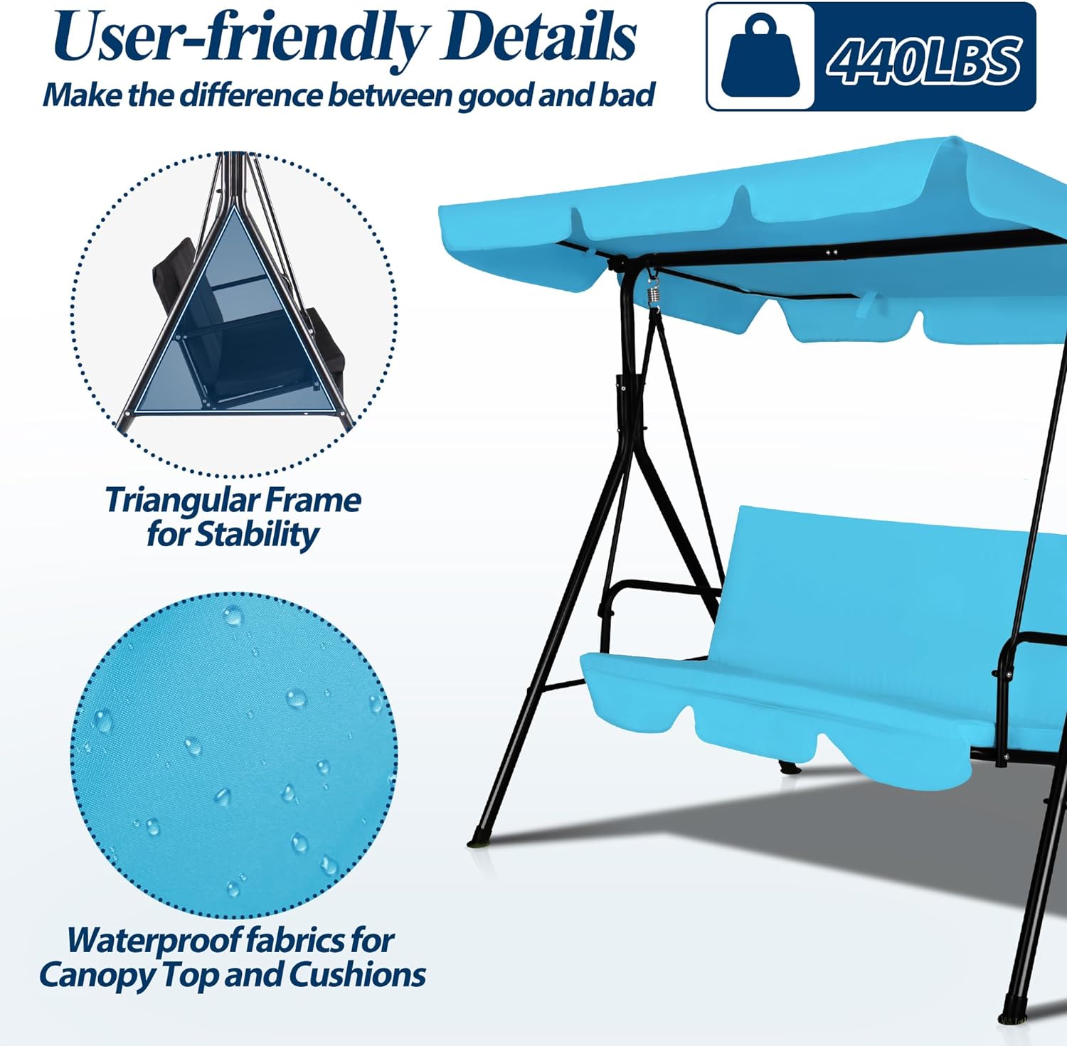 3-Seat Outdoor Porch Swing, Patio Swing Chair with Adjustable Canopy & Durable Metal Frame, Garden Swings Chair with Removable Cushions for Backyard, Terrace, Lawn