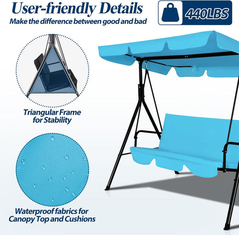 3-Seat Outdoor Porch Swing, Patio Swing Chair with Adjustable Canopy & Durable Metal Frame, Garden Swings Chair with Removable Cushions for Backyard, Terrace, Lawn