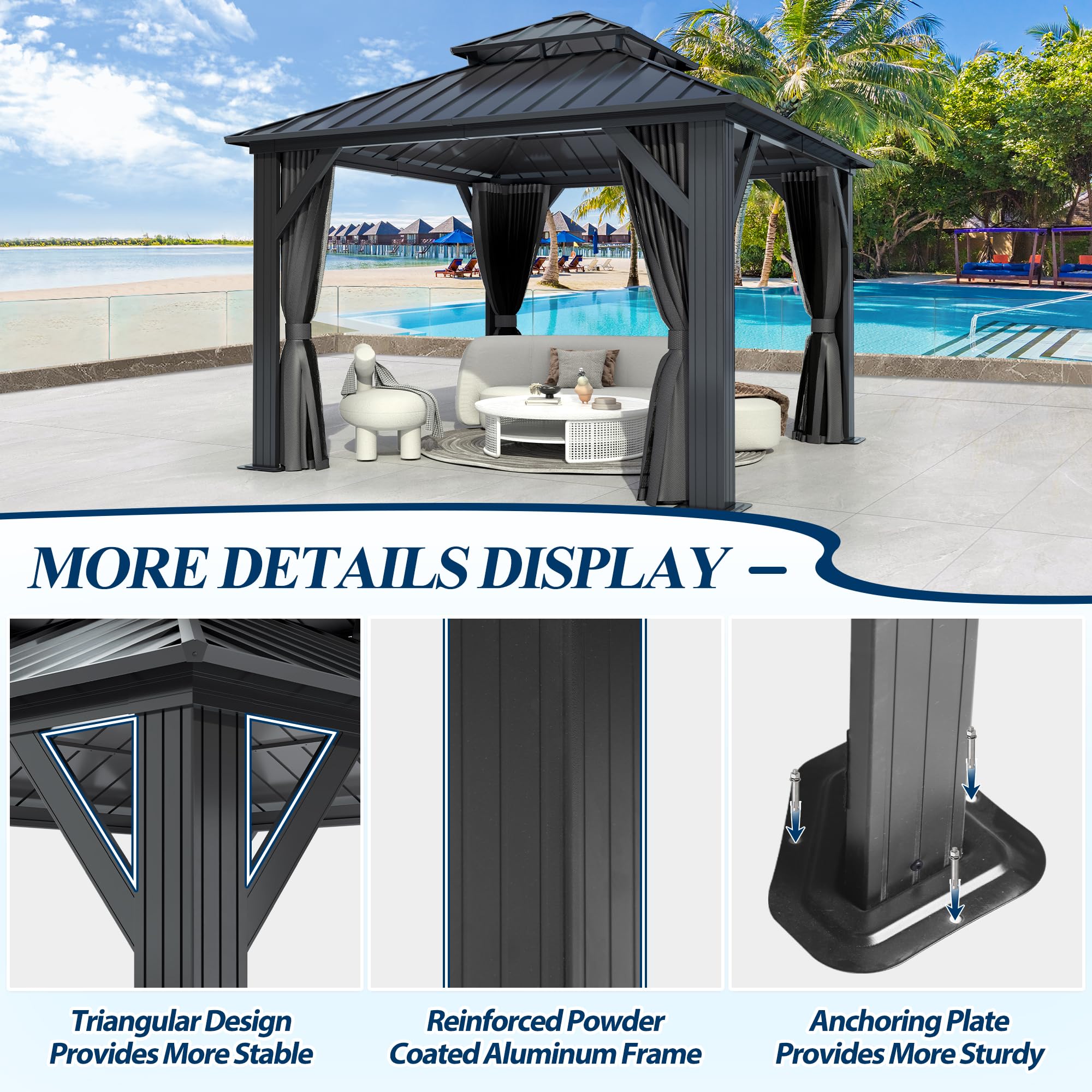 COVERONICS 10' x 10' Outdoor Galvanized Hardtop Gazebo - Aluminum Heavy-Duty Double Roof Vented Gazebo with Breathable Netting & Privacy Curtains for Patio, Porch, Garden, Lawn