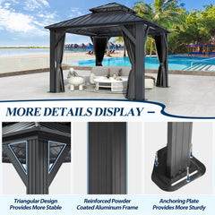 COVERONICS 10' x 10' Outdoor Galvanized Hardtop Gazebo - Aluminum Heavy-Duty Double Roof Vented Gazebo with Breathable Netting & Privacy Curtains for Patio, Porch, Garden, Lawn