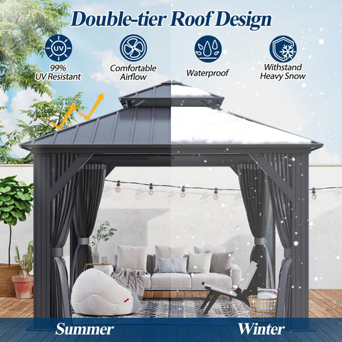 COVERONICS 10' x 10' Outdoor Galvanized Hardtop Gazebo - Aluminum Heavy-Duty Double Roof Vented Gazebo with Breathable Netting & Privacy Curtains for Patio, Porch, Garden, Lawn