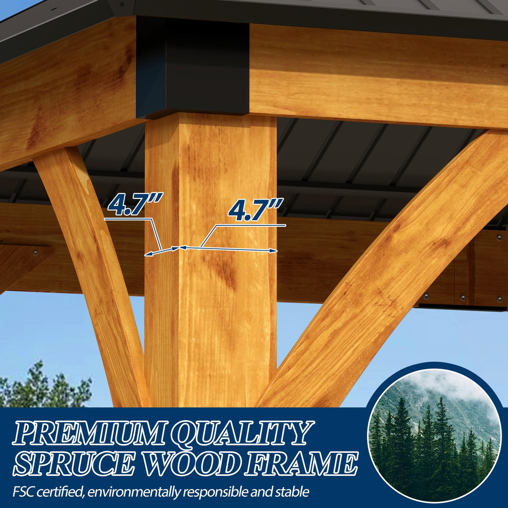 13×15 ft Spruce Wood Hardtop Gazebo with Double Roof