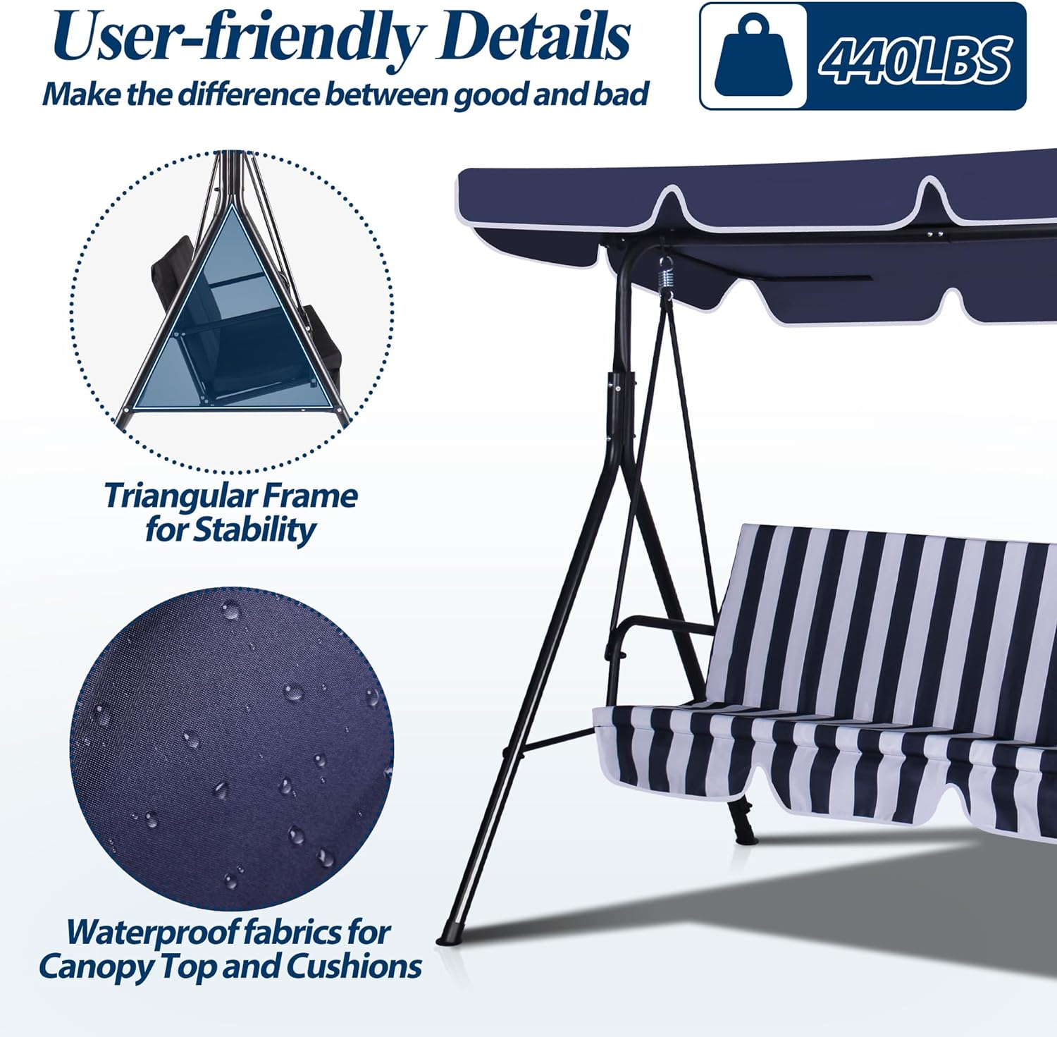 3-Seat Outdoor Porch Swing, Patio Swing Chair with Adjustable Canopy & Durable Metal Frame, Garden Swings Chair with Removable Cushions for Backyard, Terrace, Lawn
