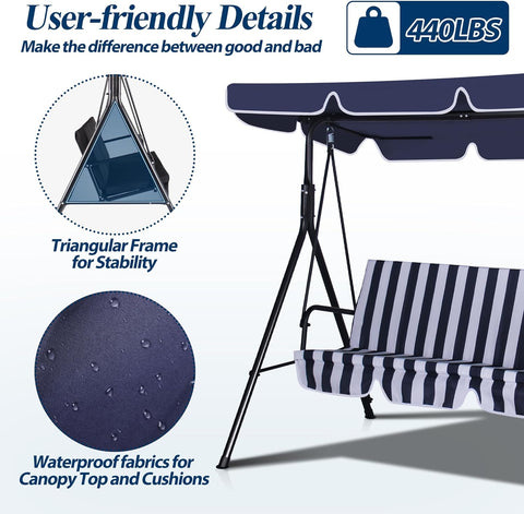 3-Seat Outdoor Porch Swing, Patio Swing Chair with Adjustable Canopy & Durable Metal Frame, Garden Swings Chair with Removable Cushions for Backyard, Terrace, Lawn