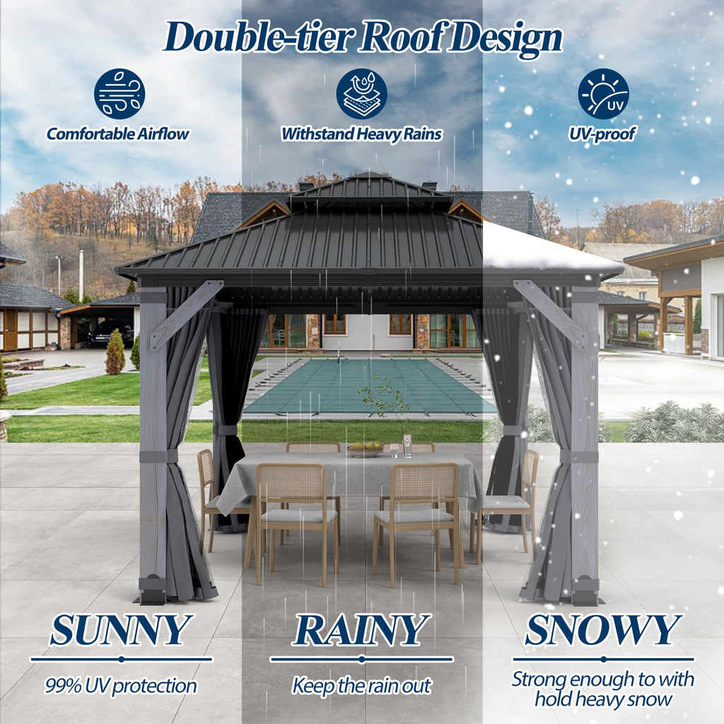 COVERONICS 8.5FT x 8.5FT Outdoor Hardtop Gazebo - Patio Cedar Wood Post Gazebo with Galvanized Steel Hardtop, Heavy-Duty Double Roof Pavilion with Netting & Curtains for Garden, Poolside, Deck, Backyard