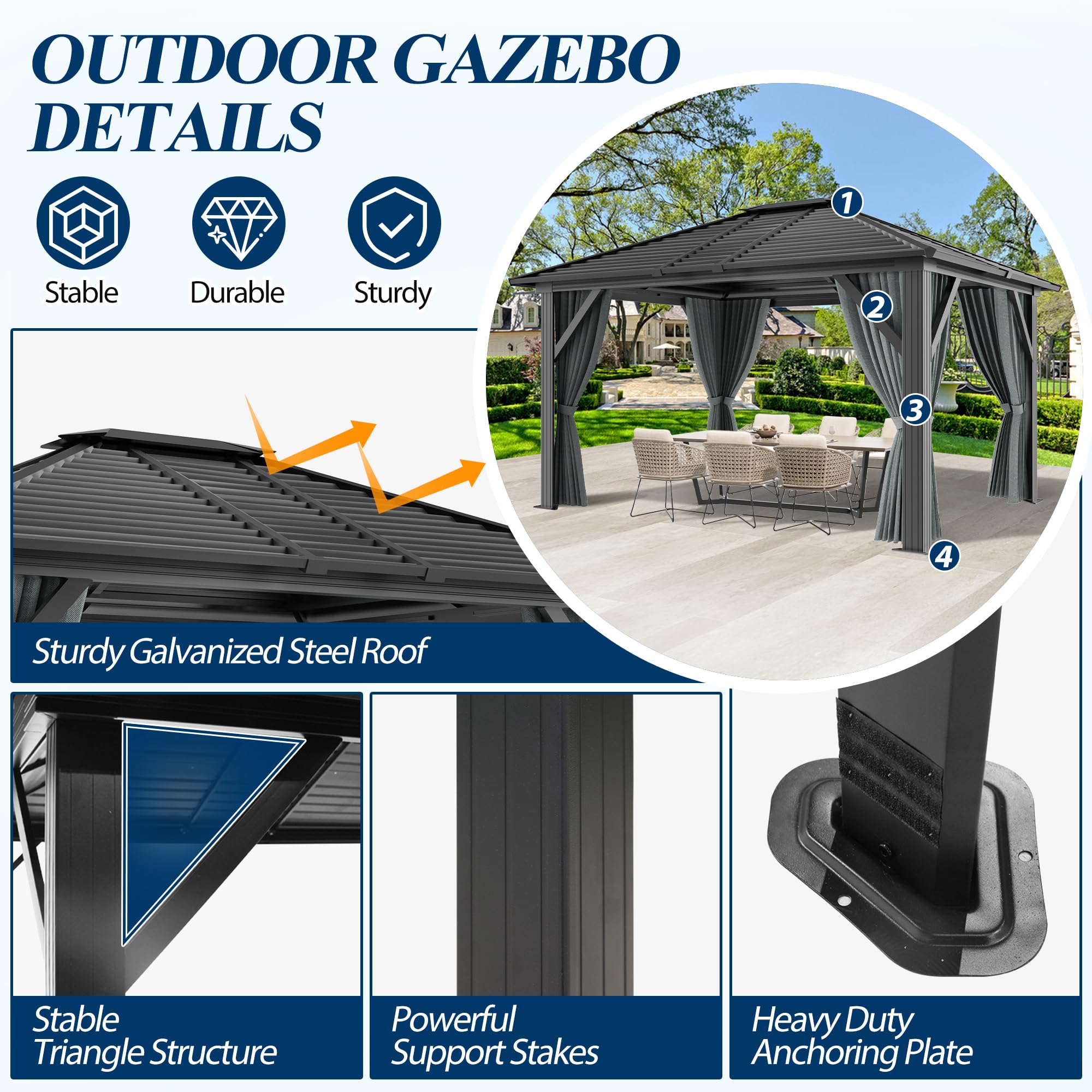 COVERONICS 10' x 12' Patio Hardtop Gazebo - Outdoor Heavy Duty with Aluminum Frame, Galvanized Steel Hardtop Single Roof with Breathable Netting and Curtains for Garden, Lawns, Party, Poolside