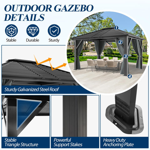 COVERONICS 10' x 12' Patio Hardtop Gazebo - Outdoor Heavy Duty with Aluminum Frame, Galvanized Steel Hardtop Single Roof with Breathable Netting and Curtains for Garden, Lawns, Party, Poolside