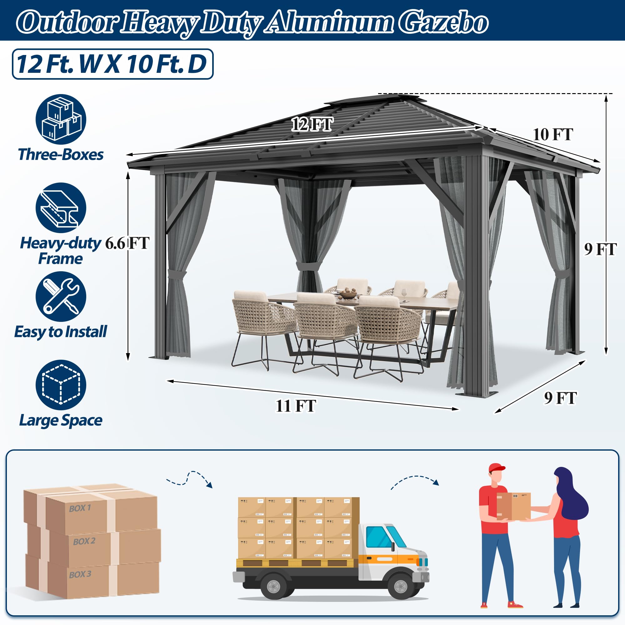 COVERONICS 10' x 12' Patio Hardtop Gazebo - Outdoor Heavy Duty with Aluminum Frame, Galvanized Steel Hardtop Single Roof with Breathable Netting and Curtains for Garden, Lawns, Party, Poolside