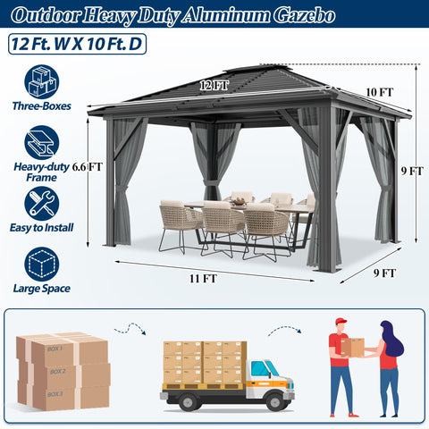COVERONICS 10' x 12' Patio Hardtop Gazebo - Outdoor Heavy Duty with Aluminum Frame, Galvanized Steel Hardtop Single Roof with Breathable Netting and Curtains for Garden, Lawns, Party, Poolside