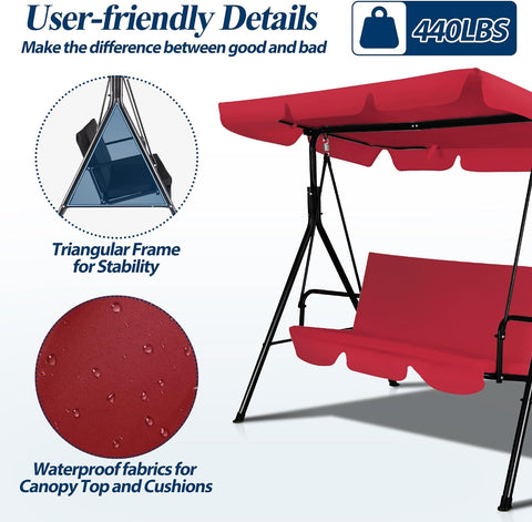 3-Seat Outdoor Porch Swing, Patio Swing Chair with Adjustable Canopy & Durable Metal Frame, Garden Swings Chair with Removable Cushions for Backyard, Terrace, Lawn
