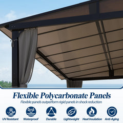 COVERONICS 10' X 13' Outdoor Polycarbonate Lean to Gazebo - Wall-Mounted Aluminum Frame Gazebo with Slope Hardtop, Patio Heavy-Duty Lean to Pergola with Netting & Curtains for Garden, Backyard, Deck