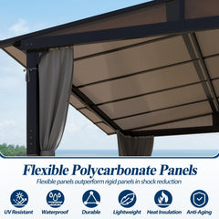 COVERONICS 10' X 10' Outdoor Polycarbonate Lean to Gazebo - Wall-Mounted Aluminum Frame Gazebo with Slope Hardtop, Patio Heavy-Duty Lean to Pergola with Netting & Curtains for Garden, Backyard, Deck