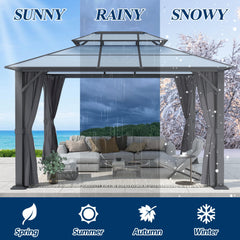 COVERONICS 10FT x 12FT Patio Polycarbonate Hardtop Gazebo with Steel Frame - Outdoor Translucent Double Roof Gazebo with Netting & Curtains for Lawn, Garden, Backyard, Poolside