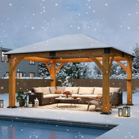 COVERONICS 13FT x 15FT Outdoor Spruce Wooden Gazebo - Patio Wood Frame Gazebo with Galvanized Steel Hardtop, Heavy-Duty Hardtop Gazebos for Garden, Poolside, Deck, Backyard