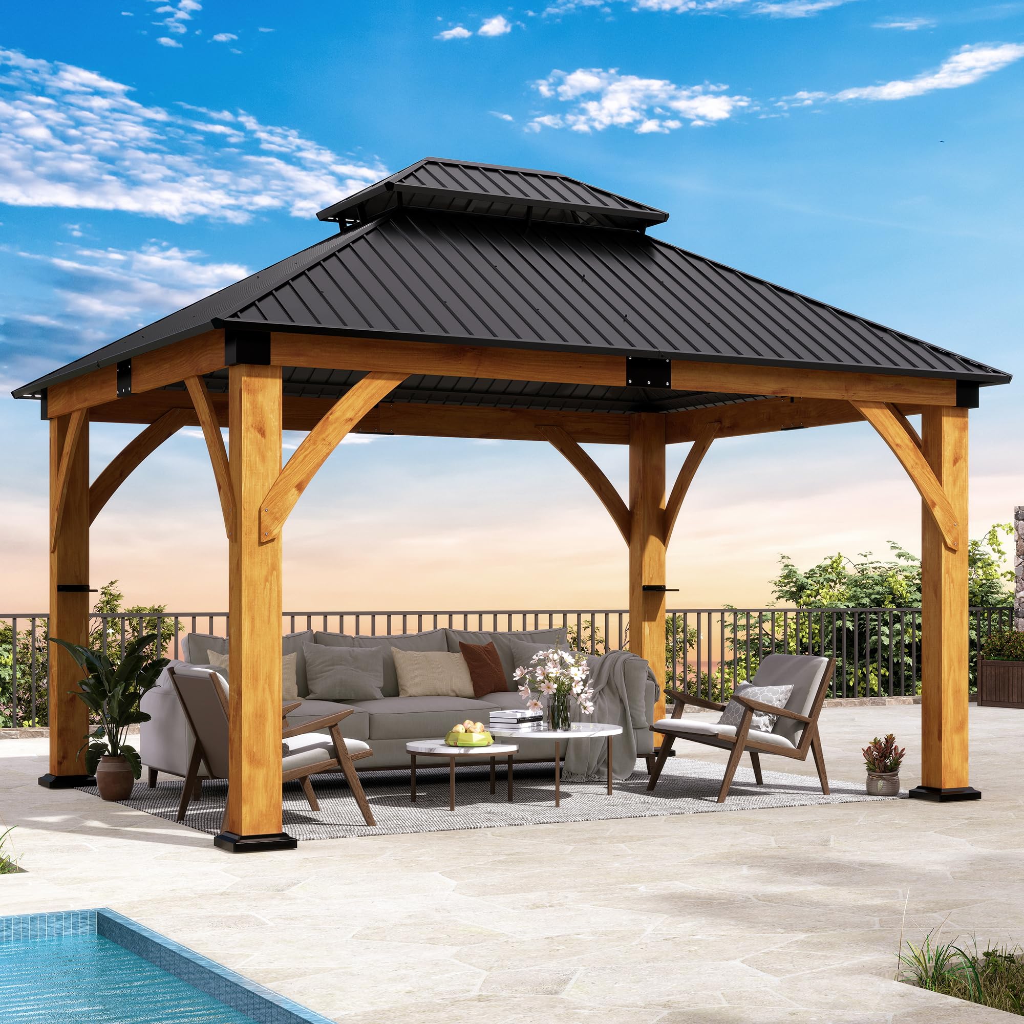 COVERONICS 11FT x 13FT Outdoor Spruce Wooden Gazebo - Patio Wood Frame Gazebo with Galvanized Steel Double Roof, Heavy-Duty Hardtop Gazebos for Garden, Poolside, Deck, Backyard