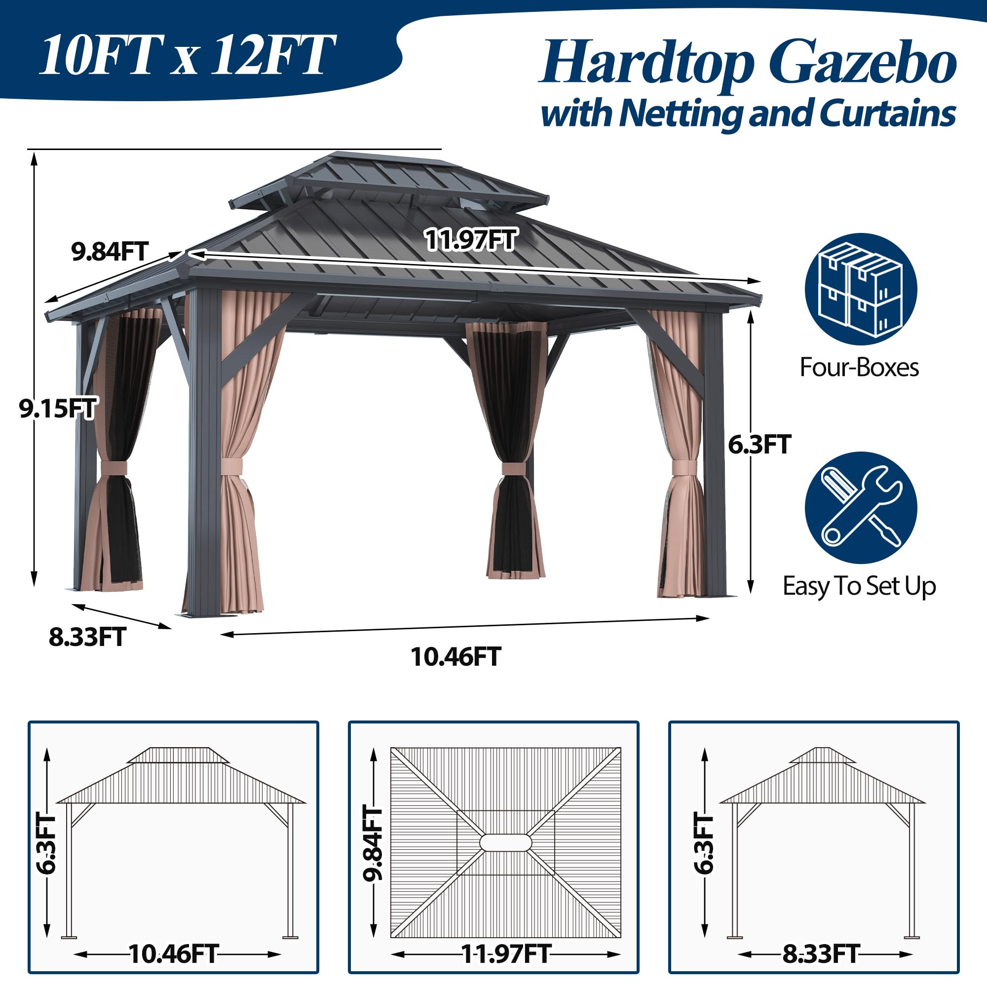 COVERONICS 10'x12' Outdoor Galvanized Steel Hardtop Gazebo - Patio Double Roof Gazebo with Aluminum Frame, Vertical Roof Gazebo with Netting & Curtains for Porch, Garden, Lawn, Deck, Backyard