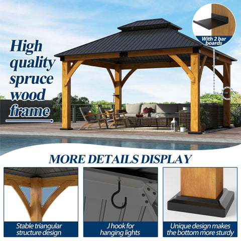 COVERONICS 13FT x 15FT Outdoor Spruce Wooden Gazebo - Patio Wood Frame Gazebo with Galvanized Steel Double Roof, Heavy-Duty Hardtop Gazebos for Garden, Poolside, Deck, Backyard
