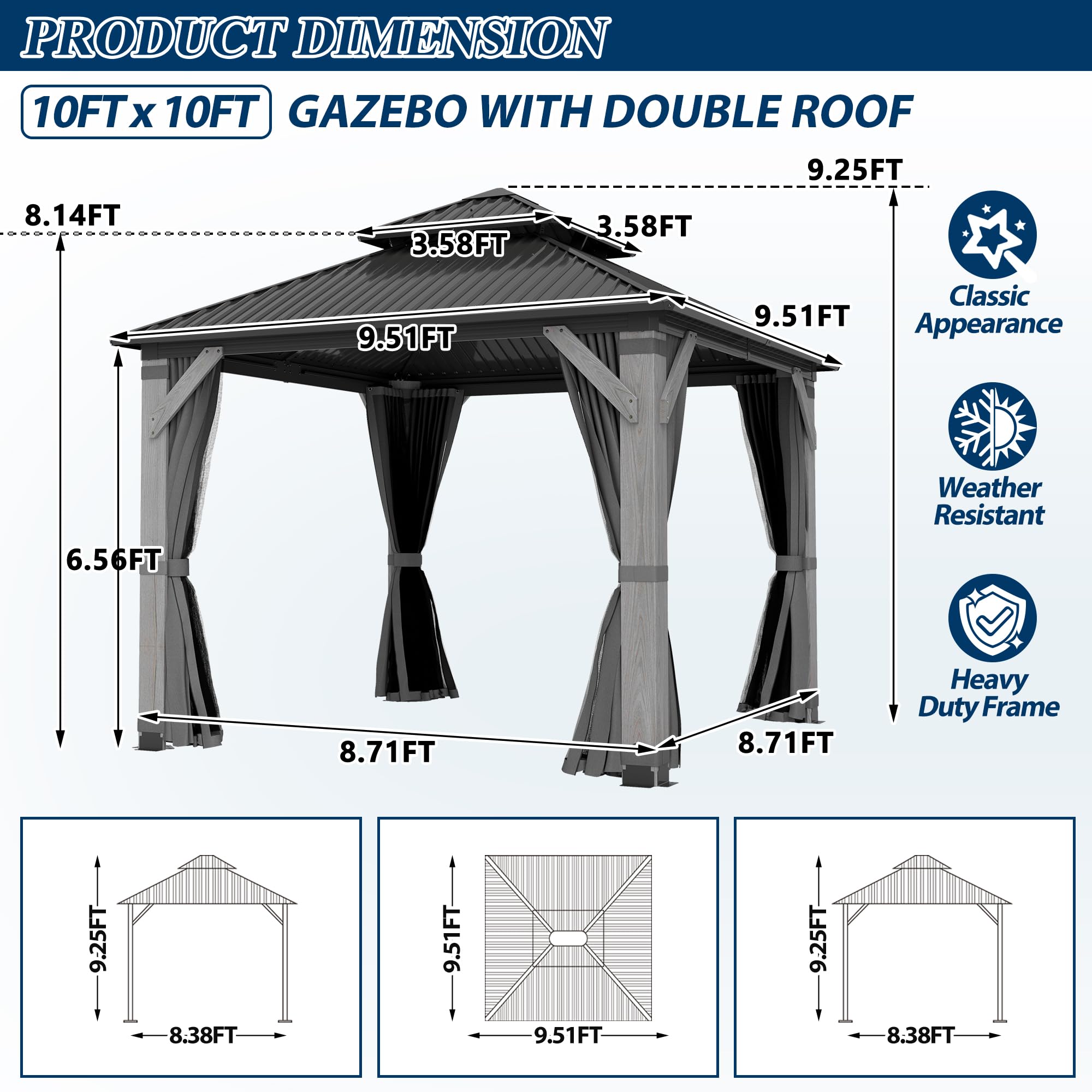 COVERONICS 10FT x 10FT Outdoor Hardtop Gazebo - Patio Cedar Wood Post Gazebo with Galvanized Steel Hardtop, Heavy-Duty Double Roof Pavilion with Netting & Curtains for Garden, Poolside, Deck, Backyard