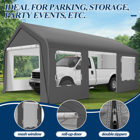 COVERONICS 10' x 20' Heavy Duty Carport Tent - Portable Outdoor Car Canopy with Roll-up Side Doors & Windows, Portable Garage with 4 Sandbags for Car, Truck and Outdoor Event, Grey