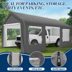 COVERONICS 10' x 20' Heavy Duty Carport Tent - Portable Outdoor Car Canopy with Roll-up Side Doors & Windows, Portable Garage with 4 Sandbags for Car, Truck and Outdoor Event, Grey