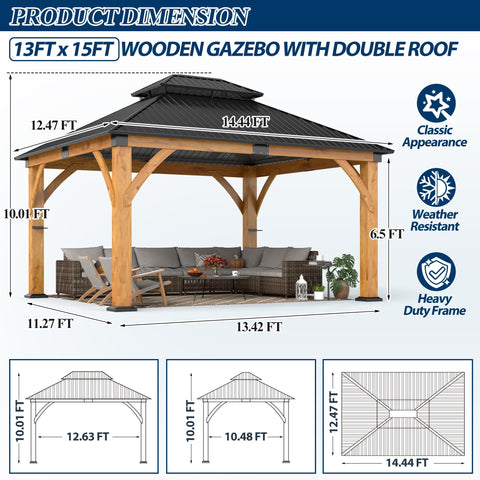 COVERONICS 13FT x 15FT Outdoor Spruce Wooden Gazebo - Patio Wood Frame Gazebo with Galvanized Steel Double Roof, Heavy-Duty Hardtop Gazebos for Garden, Poolside, Deck, Backyard