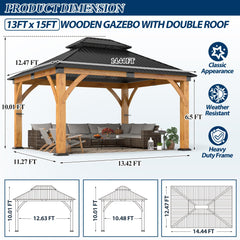 COVERONICS 13FT x 15FT Outdoor Spruce Wooden Gazebo - Patio Wood Frame Gazebo with Galvanized Steel Double Roof, Heavy-Duty Hardtop Gazebos for Garden, Poolside, Deck, Backyard
