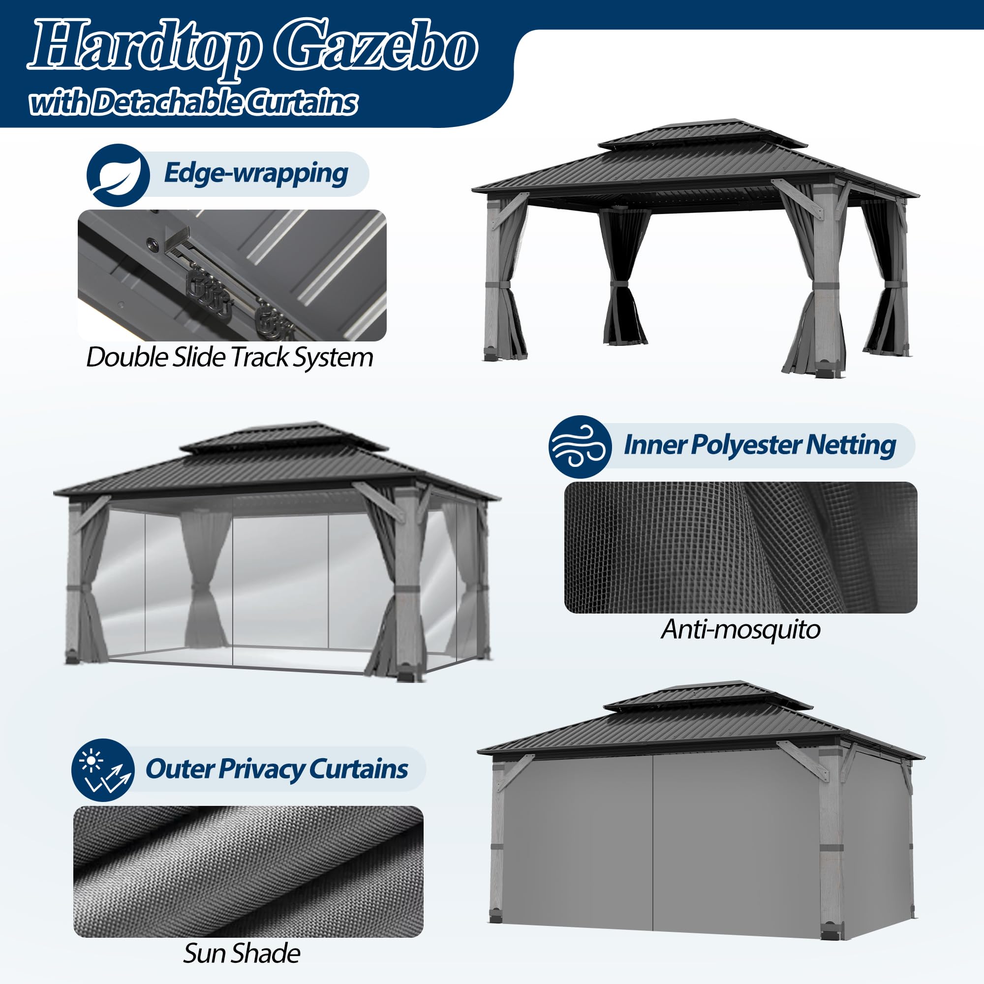 COVERONICS 12FT x 16FT Outdoor Hardtop Gazebo - Patio Cedar Wood Post Gazebo with Galvanized Steel Hardtop, Heavy-Duty Double Roof Pavilion with Netting & Curtains for Garden, Poolside, Deck, Backyard