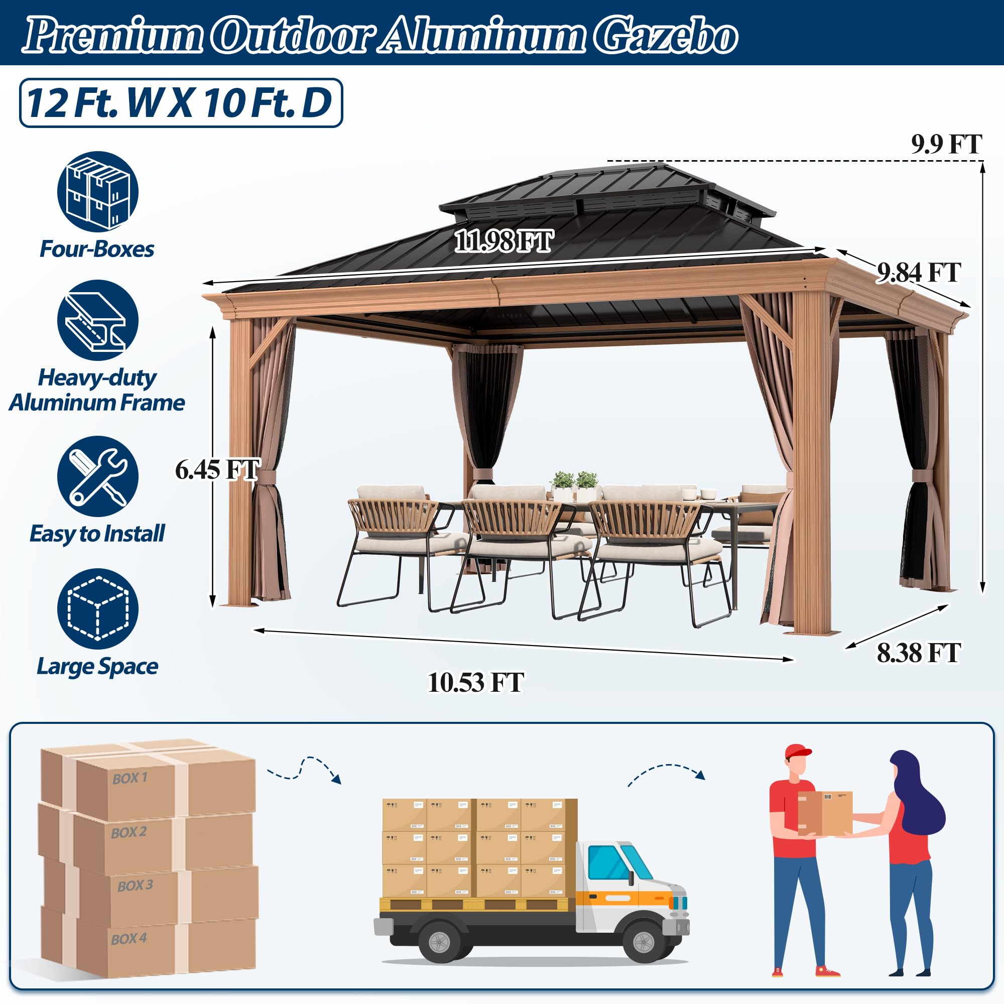 COVERONICS 10' x 12' Outdoor Drainage System Gazebo - Galvanized Steel Hardtop Gazebo with Powder-Coated Aluminum Frame, Heavy-Duty Gazebo with Netting & Curtains for Patio, Garden, Backyard