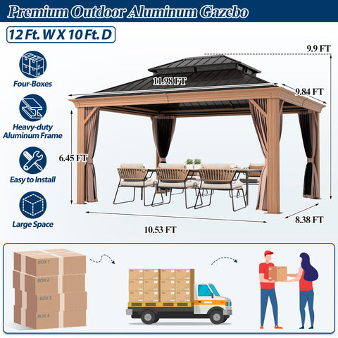 COVERONICS 10' x 12' Outdoor Drainage System Gazebo - Galvanized Steel Hardtop Gazebo with Powder-Coated Aluminum Frame, Heavy-Duty Gazebo with Netting & Curtains for Patio, Garden, Backyard