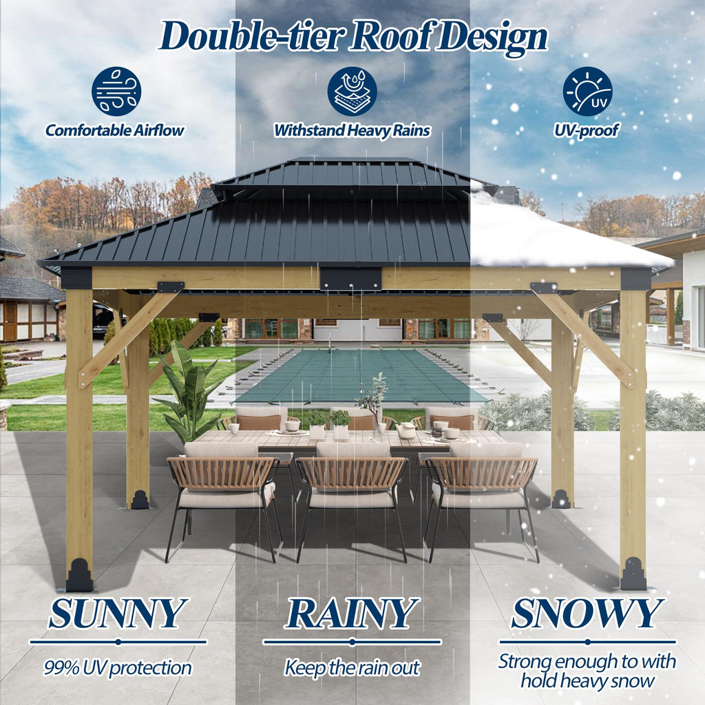 COVERONICS 11FT x 13FT Outdoor Cedar Wooden Gazebo - Patio Wood Frame Gazebo with Galvanized Steel Hardtop, Heavy-Duty Hardtop Gazebo for Garden, Poolside, Deck, Backyard