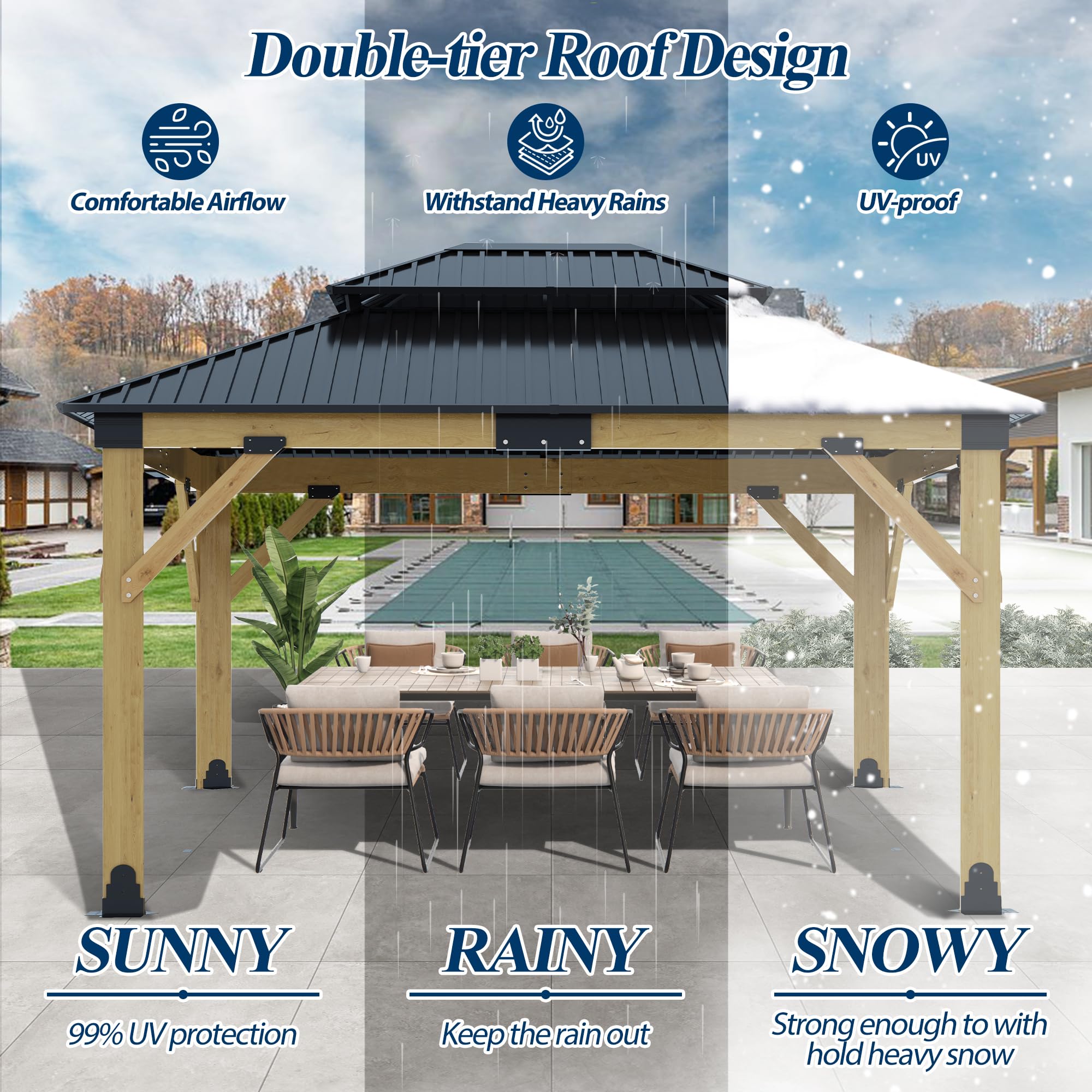 COVERONICS 11FT x 13FT Outdoor Cedar Wooden Gazebo - Patio Wood Frame Gazebo with Galvanized Steel Hardtop, Heavy-Duty Hardtop Gazebo for Garden, Poolside, Deck, Backyard