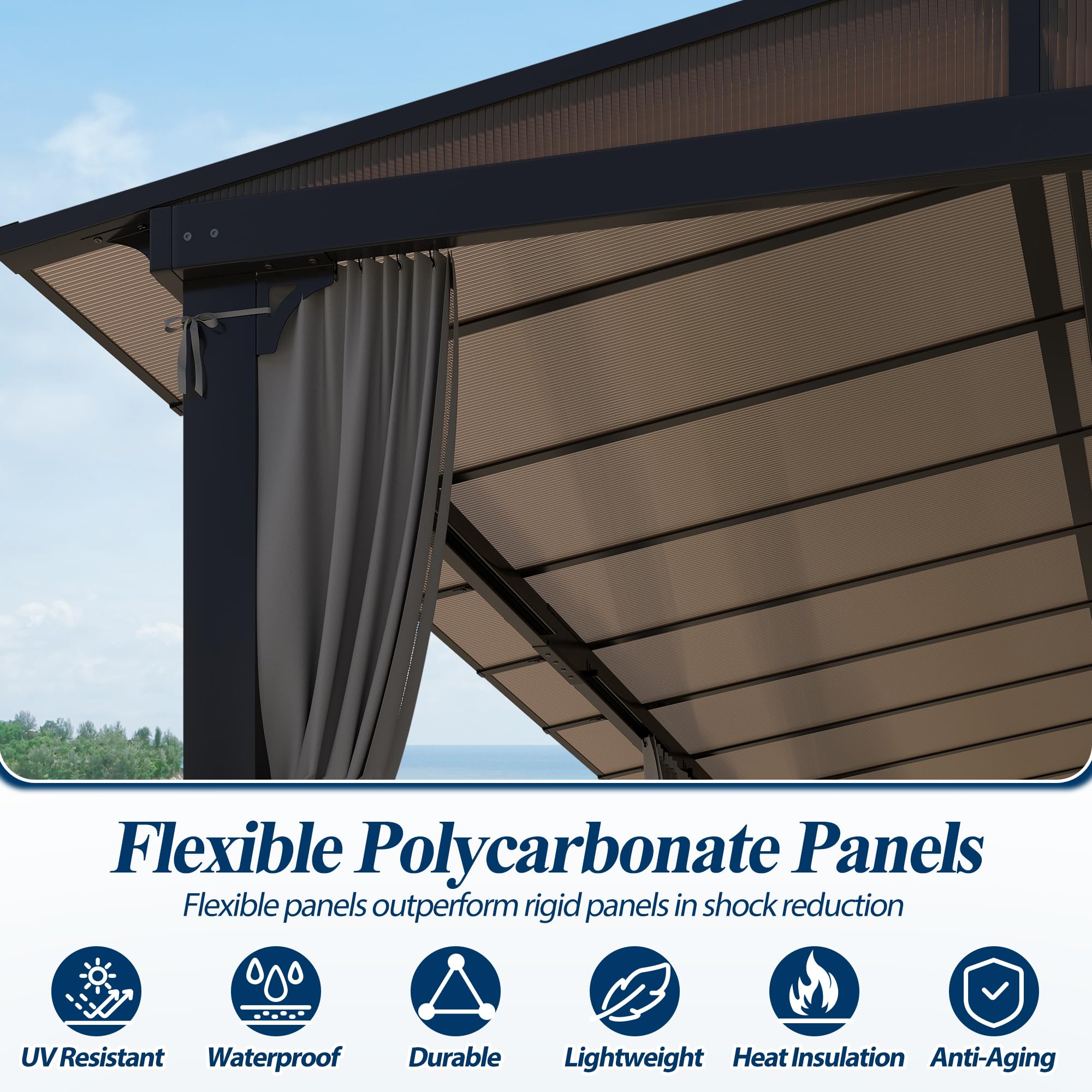 12×20 ft Wall-Mounted Polycarbonate Lean-to Gazebo with Sloped Hardtop, Aluminum Frame, Netting & Curtains