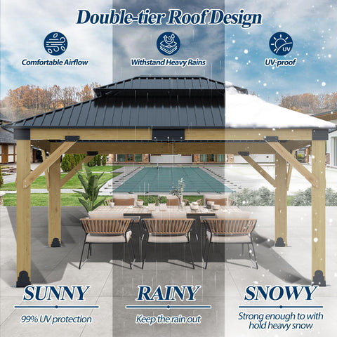COVERONICS 13FT x 15FT Outdoor Cedar Wooden Gazebo - Patio Wood Frame Gazebo with Galvanized Steel Hardtop, Heavy-Duty Hardtop Gazebo for Garden, Poolside, Deck, Backyard