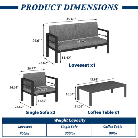 COVERONICS Outdoor 4 Pieces Aluminum Furniture Set - Patio Conversation Set with Upgraded Waterproof Cushions, Perfect for Backyard, Garden, Courtyards, Poolside