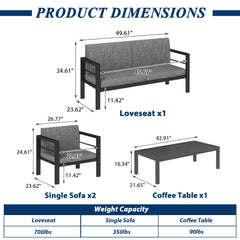 COVERONICS Outdoor 4 Pieces Aluminum Furniture Set - Patio Conversation Set with Upgraded Waterproof Cushions, Perfect for Backyard, Garden, Courtyards, Poolside