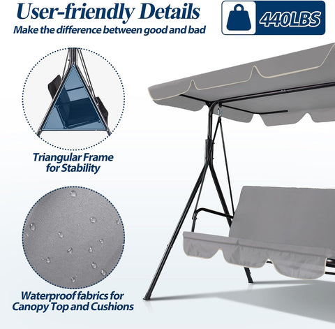 3-Seat Outdoor Porch Swing, Patio Swing Chair with Adjustable Canopy & Durable Metal Frame, Garden Swings Chair with Removable Cushions for Backyard, Terrace, Lawn