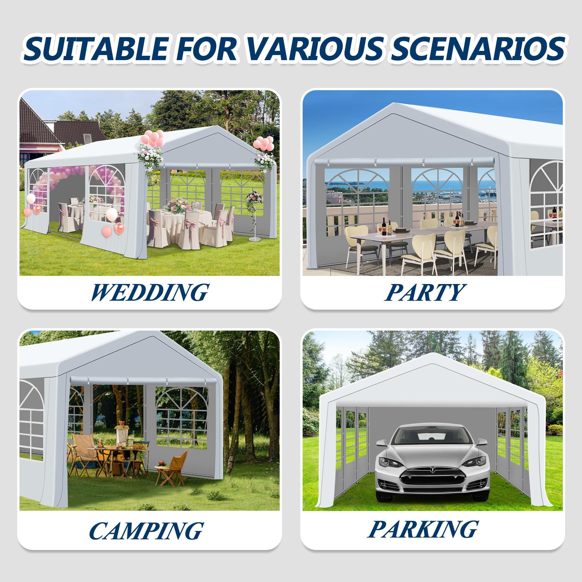 COVERONICS Outdoor Canopy, 20'X20' Patio Tent with Rollable Sides and 4 Sandbags, Heavy Duty Steel Frame Carport Gazebo Event Tent Perfect for Wedding, Birthday Party, Outdoor Event