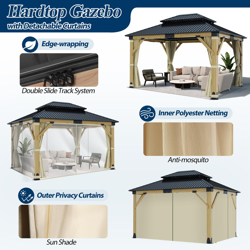 COVERONICS 11FT x 13FT Outdoor Cedar Wooden Gazebo - Patio Wood Frame Gazebo with Galvanized Steel Hardtop, Heavy-Duty Hardtop Gazebo with Netting & Curtains for Garden, Poolside, Deck, Backyard