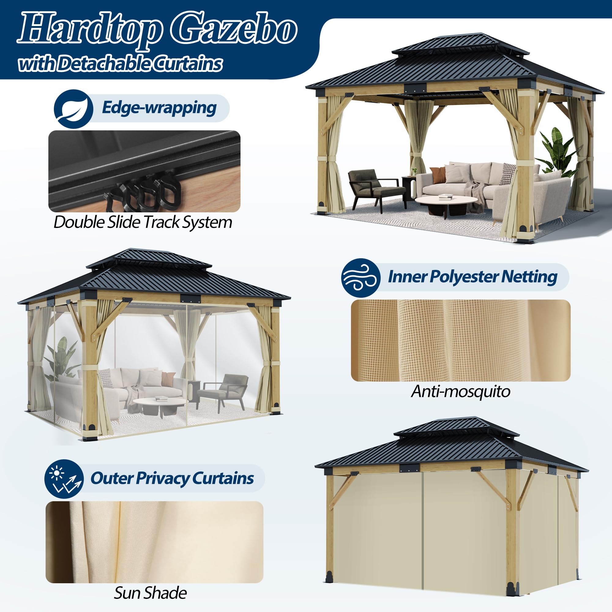 COVERONICS 11FT x 13FT Outdoor Cedar Wooden Gazebo - Patio Wood Frame Gazebo with Galvanized Steel Hardtop, Heavy-Duty Hardtop Gazebo with Netting & Curtains for Garden, Poolside, Deck, Backyard