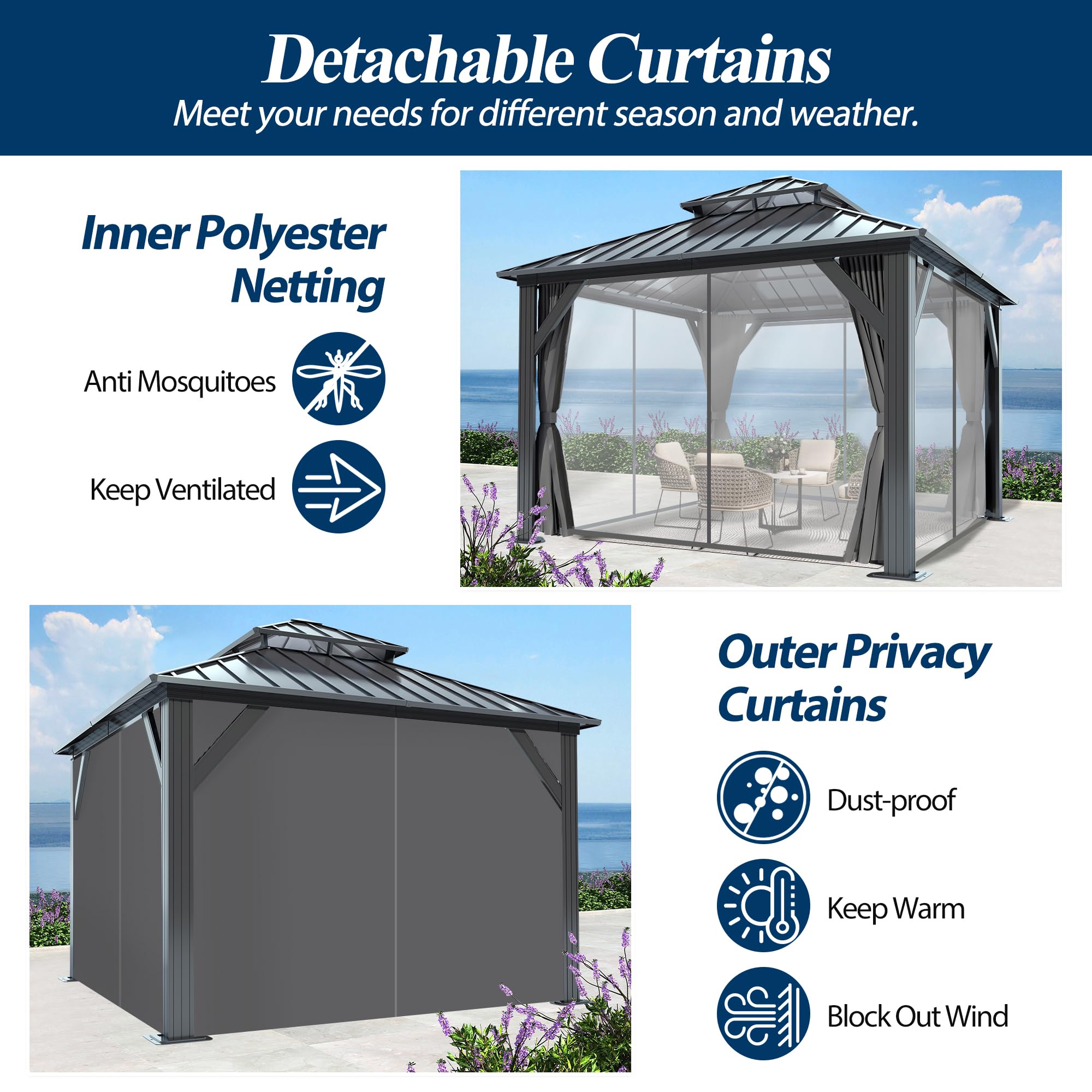 12×12 ft Aluminum Hardtop Gazebo with Galvanized Steel Double Roof & Curtains