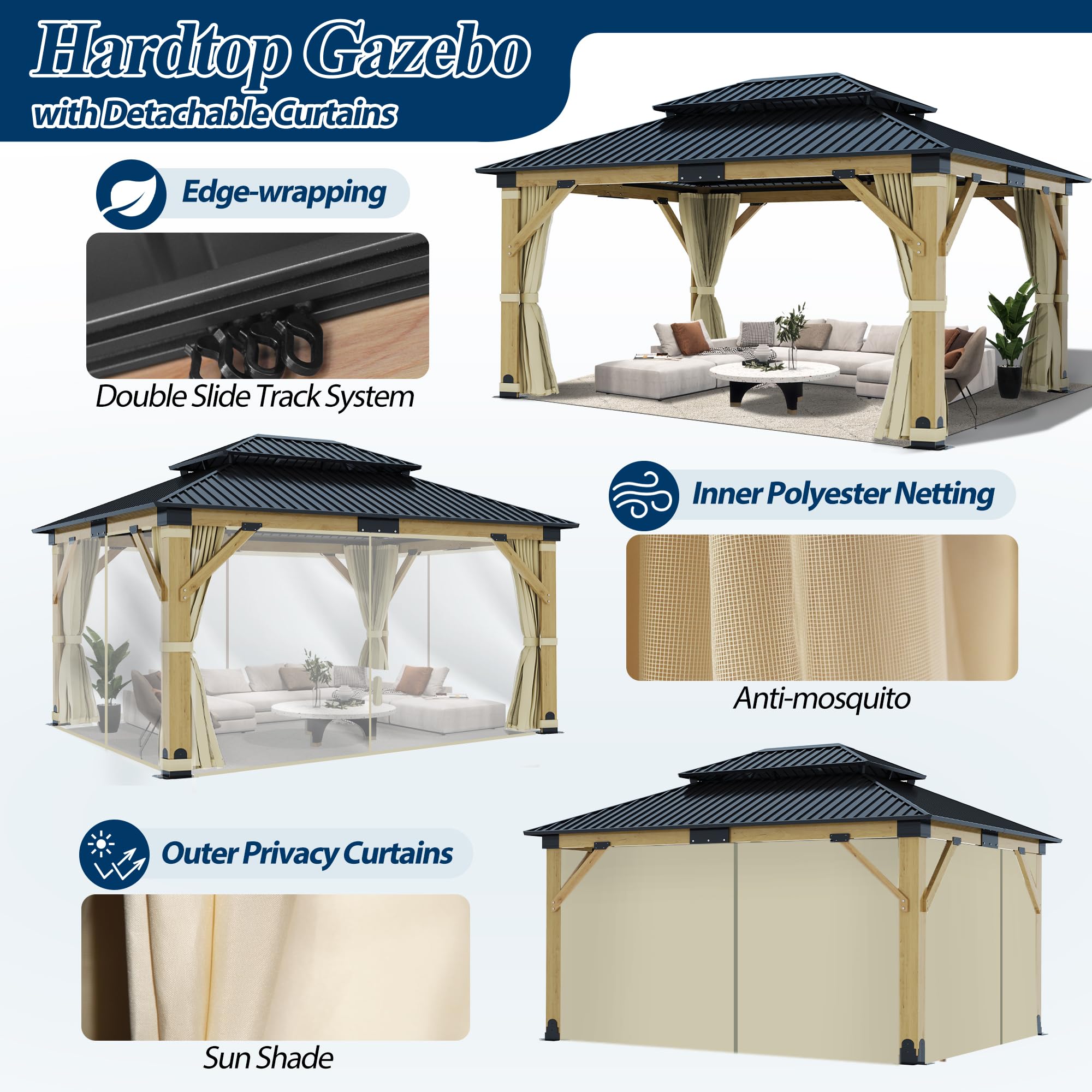 COVERONICS 13FT x 15FT Outdoor Cedar Wooden Gazebo - Patio Wood Frame Gazebo with Galvanized Steel Hardtop, Heavy-Duty Hardtop Gazebo with Netting & Curtains for Garden, Poolside, Deck, Backyard