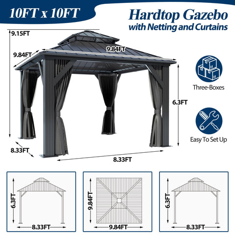 COVERONICS 10' x 10' Outdoor Galvanized Hardtop Gazebo - Aluminum Heavy-Duty Double Roof Vented Gazebo with Breathable Netting & Privacy Curtains for Patio, Porch, Garden, Lawn