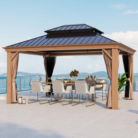COVERONICS 10' x 12' Outdoor Drainage System Gazebo - Galvanized Steel Hardtop Gazebo with Powder-Coated Aluminum Frame, Heavy-Duty Gazebo with Netting & Curtains for Patio, Garden, Backyard