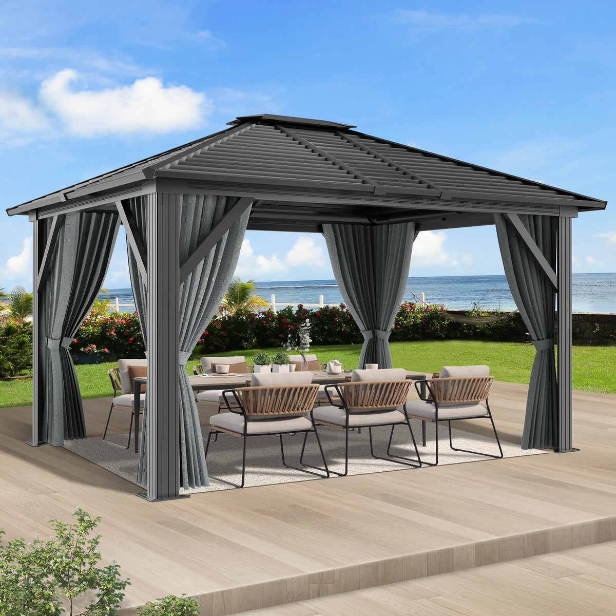 COVERONICS 10' x 12' Patio Hardtop Gazebo - Outdoor Heavy Duty with Aluminum Frame, Galvanized Steel Hardtop Single Roof with Breathable Netting and Curtains for Garden, Lawns, Party, Poolside
