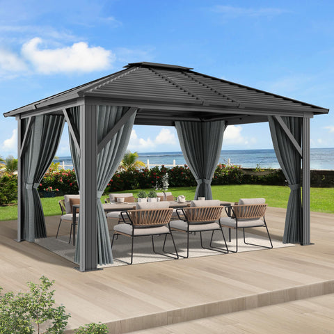 COVERONICS 10' x 12' Patio Hardtop Gazebo - Outdoor Heavy Duty with Aluminum Frame, Galvanized Steel Hardtop Single Roof with Breathable Netting and Curtains for Garden, Lawns, Party, Poolside