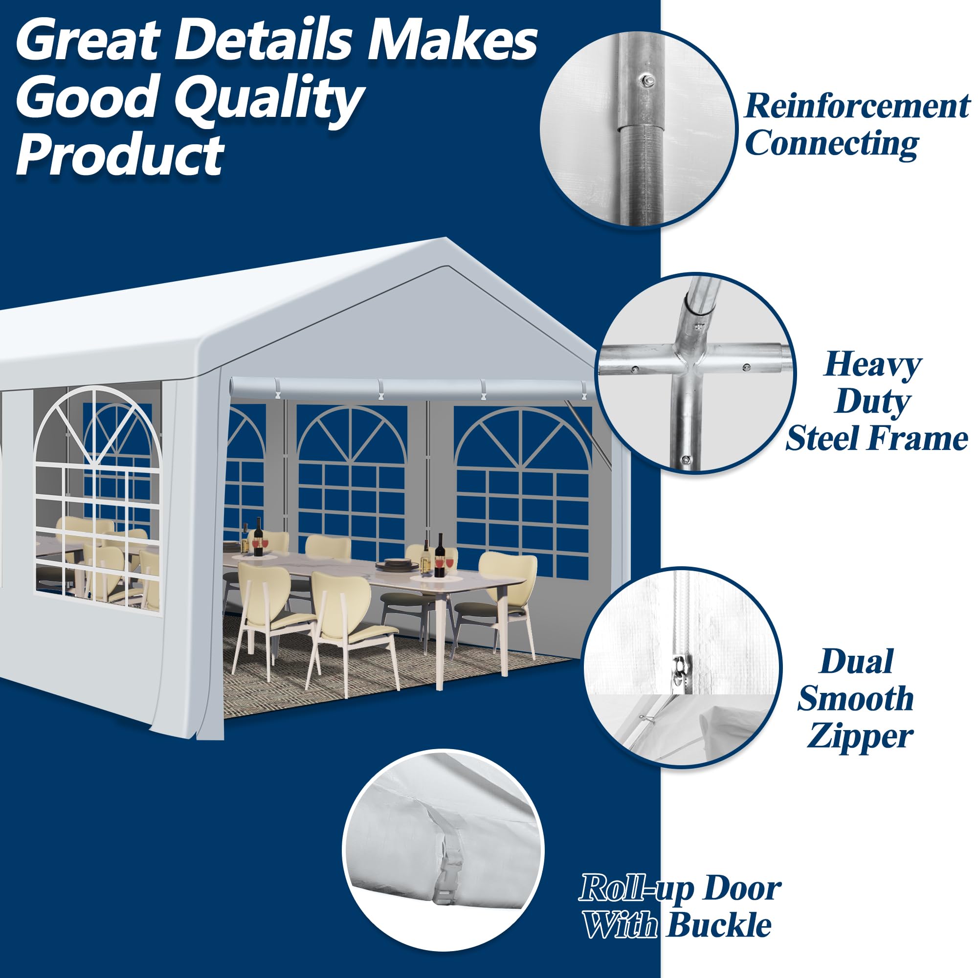 COVERONICS Outdoor Canopy Party Tent, 10'X30' Patio Party Tent with Rollable Sides and 4 Sandbags, Heavy Duty Steel Frame Carport Gazebo Event Tent Perfect for Wedding, Birthday Party, Outdoor Event