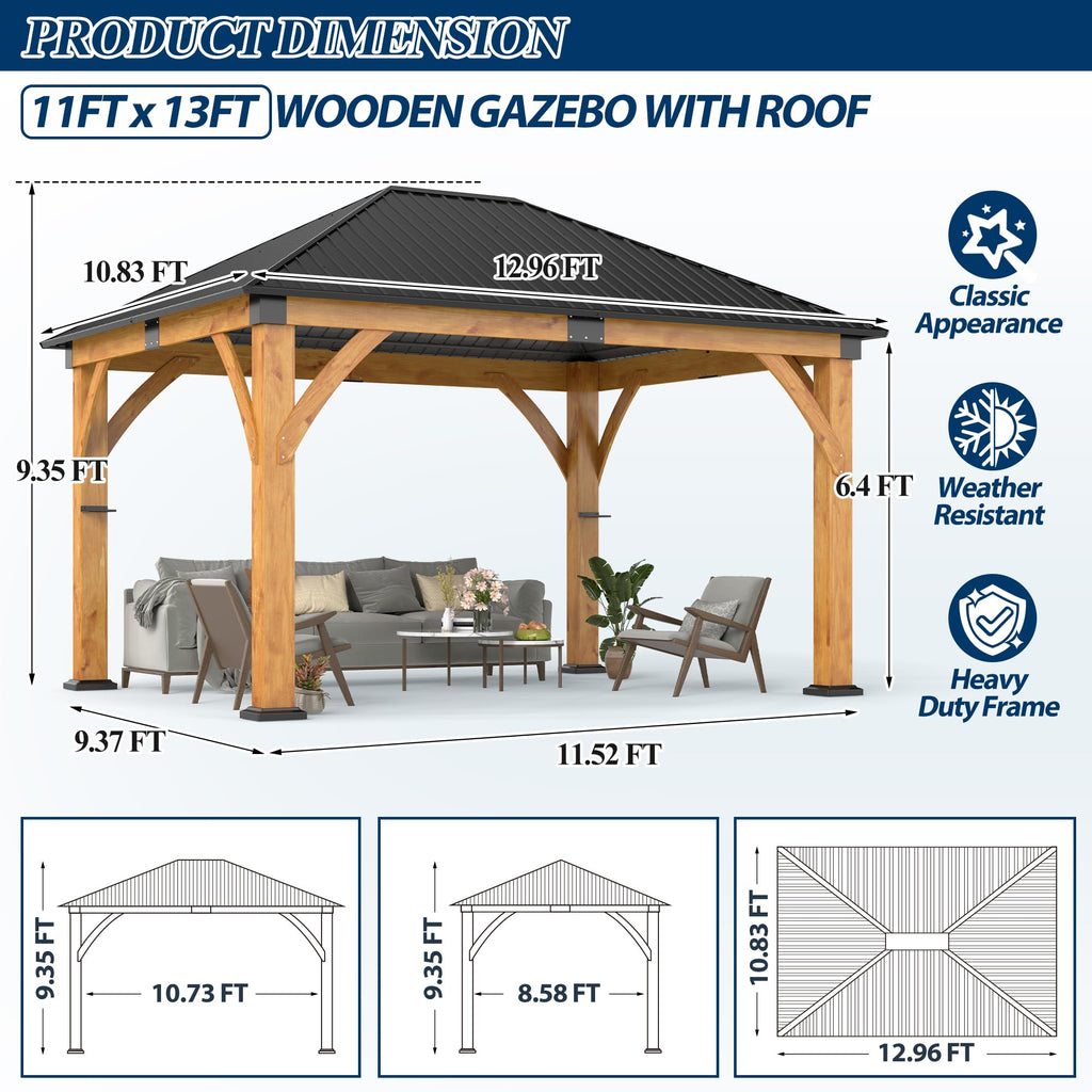 COVERONICS 11FT x 13FT Outdoor Spruce Wooden Gazebo - Patio Wood Frame Gazebo with Galvanized Steel Hardtop, Heavy-Duty Hardtop Gazebos for Garden, Poolside, Deck, Backyard